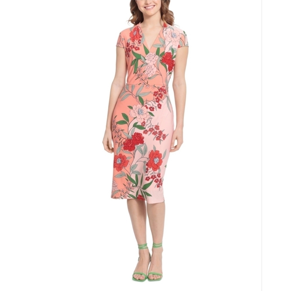 London Times Women's Floral Cap Sleeve Sheath Dress Pink Size M